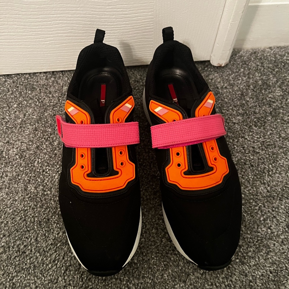 Prada sneakers size 9us black with orange and pink strap
